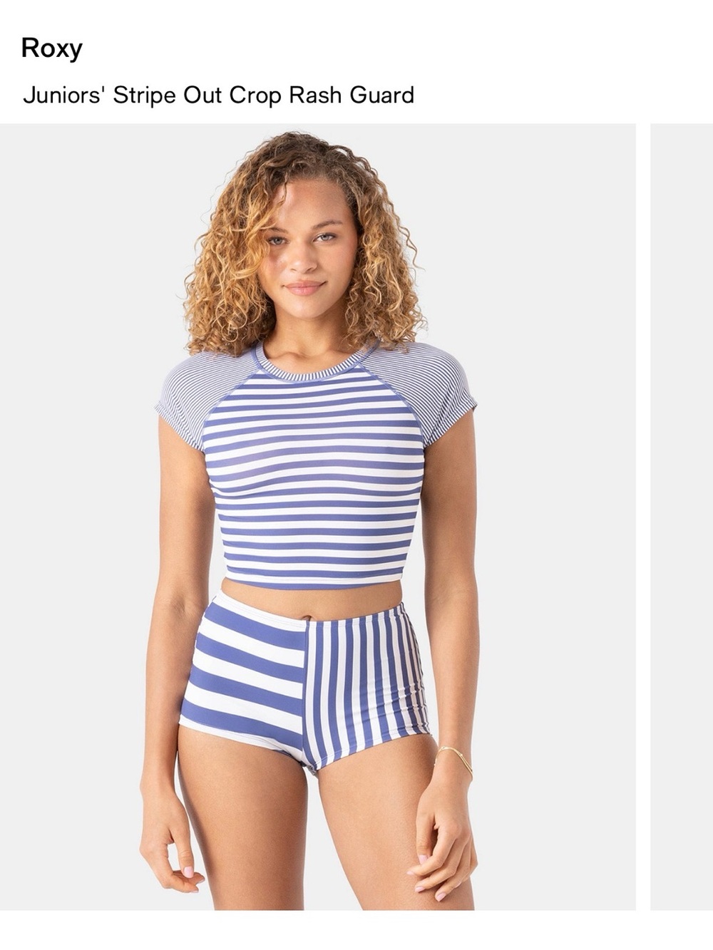 Roxy Blue and White Striped Crop Rash Guard